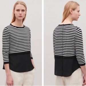 COS Blue White Striped Silk Bottom Button Back Blouse Size Large